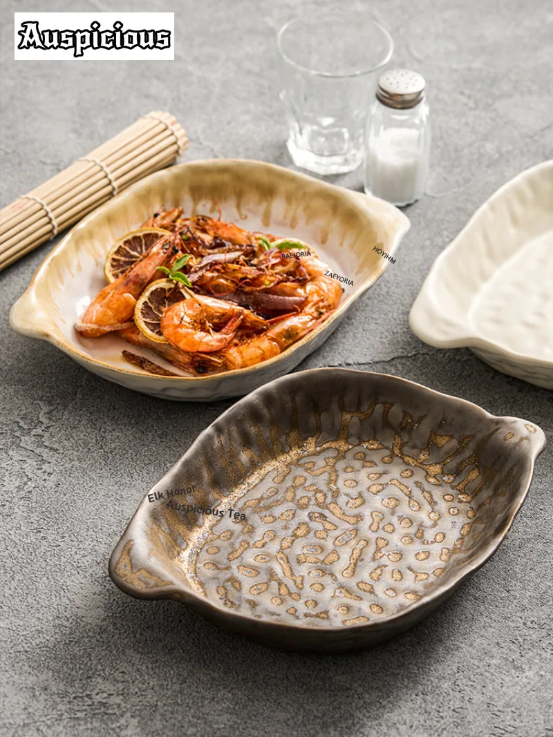 Kiln-turned Double-ear Ceramic Serving Plate Soup Plate Fruit Dishes Serving Tray Dish Fish Pasta Steak Tray Hotel Dishware