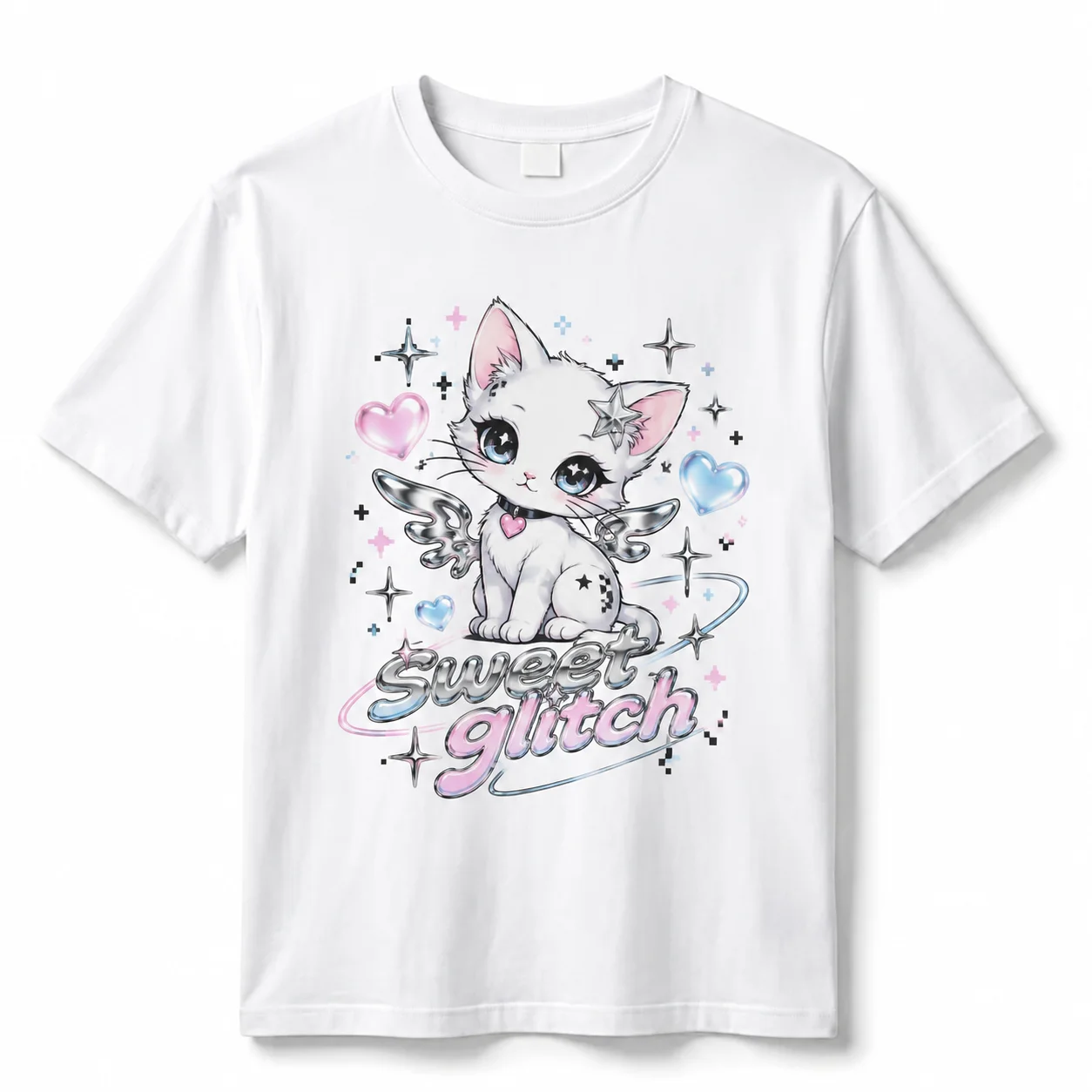 100% Pure Cotton Sweet Glitch Kawaii Angel Wing Kitten Graphic T Shirt Women Y2K Cute Tee For Daily Casual Summer Wear