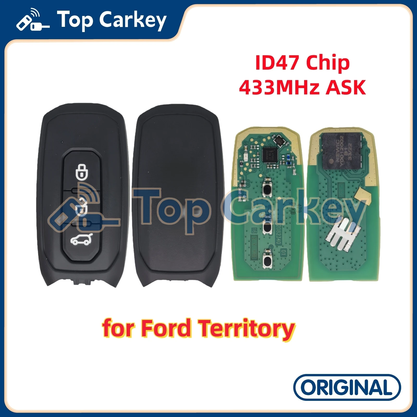 TopCarkey Original Smart Remote Key 3 Buttons ID47 Chip 433MHz for Ford Territory with Blade