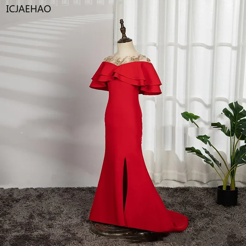 2025 Elegant Gala Dress for Girls Kids Luxurious Red Mermaid Dresses for Host Teenage Girl Piano Performance Party Costumes