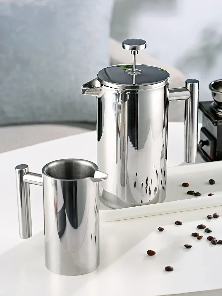 Double Layer 304 Stainless Steel French Press Filter Home Large Capacity Pour-Over Coffee Pot Milk Frother