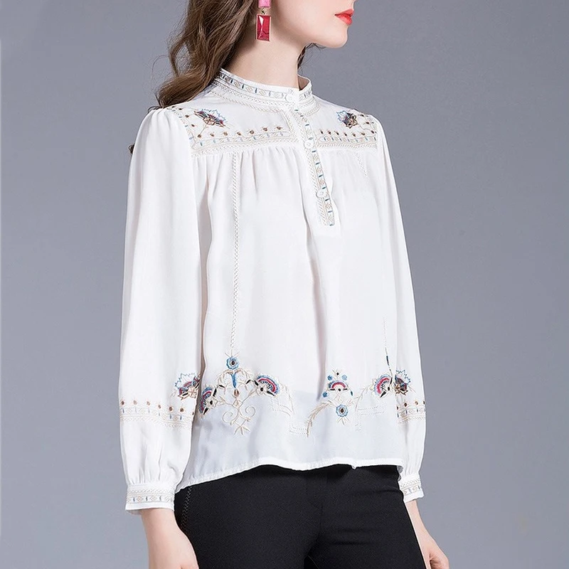 Vintage Elegant Lady Shirt Korean Chic Luxury Spring Women Gorgeous Blouse Stand Collar Floral Embroidery Chiffon Blusas 13835