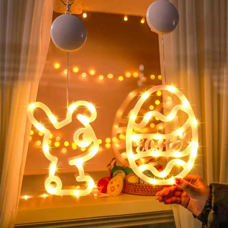 15Pcs/Lots Luminous Rabbit LED Lights Suction Cup Pendant Easter Indoor Window Festive Atmosphere Decoration Scene Layout