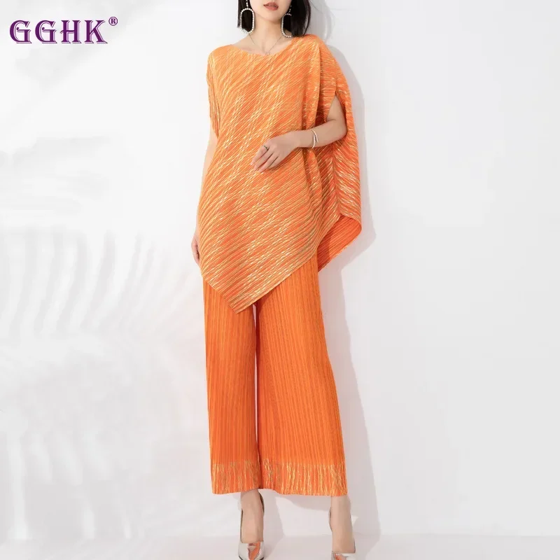 

GGHK Miyake Pleated Women Two Piece Set Fashion Irregular Design Chic Top + High Waisted Loose Casual Wide Leg Pants New Suit