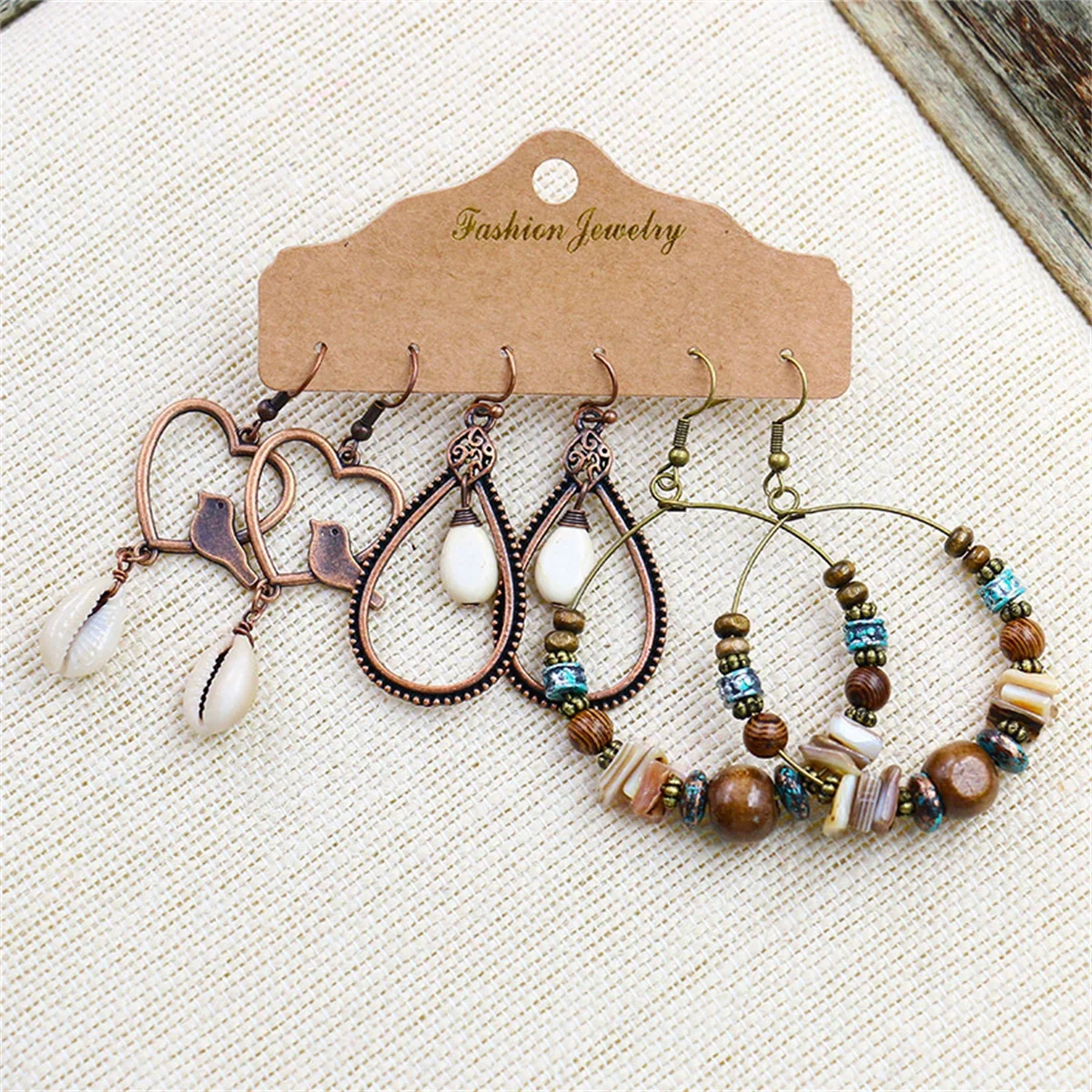 Trio Women Bohemia Geometric Shape Drop Earring Set Brass OX Plating Colorful Round Water Drop Shape French Wire Dangle Earrings