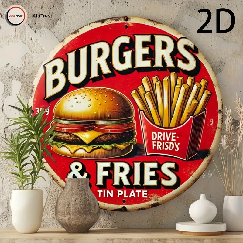 Letrero Metálico Redondo Retro de Estilo Diner con Diseño 2D Plano de Hamburguesas y Papas Fritas - Decoración de Pared con Temática de Comida Rápida Vintage, Rojo Desgastado