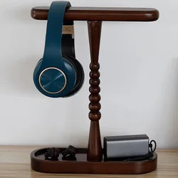 Solid Wood Dual hanger Headphones Stand Gaming Headset Detachable Bracket Desktop Earphones Display Shelf with Storage Base