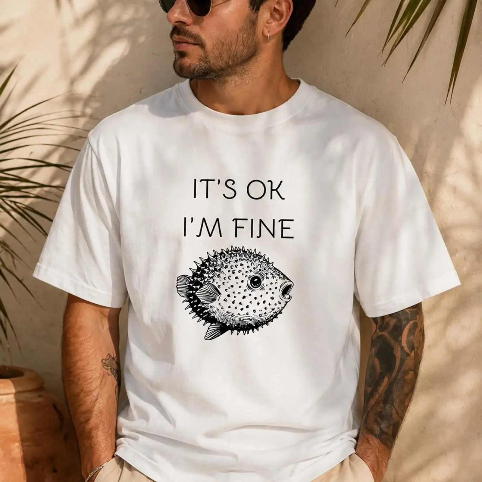 It's OK I'm Fine Funny Puffer Fish Meme T Shirt Anxiety Minimalist Oversized Casual vintage Washed Breathable Stretched Stylish
