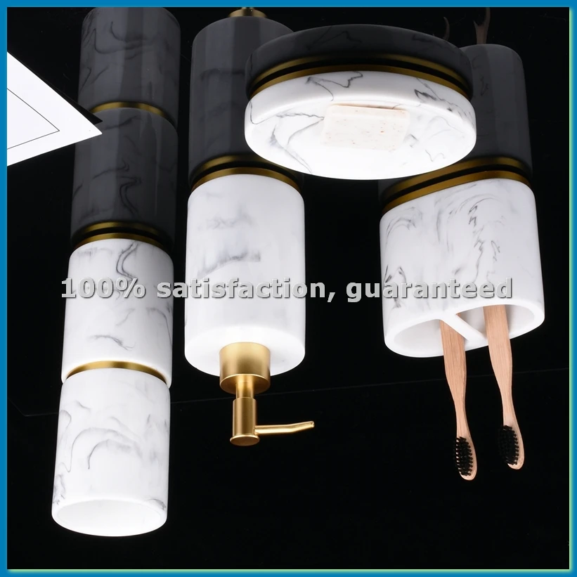 

Bathroom Accessories Set, 5 Pieces Bath Ensemble, Bath Set Collection Marble Pattern Soap Dispenser Pump,-AT35