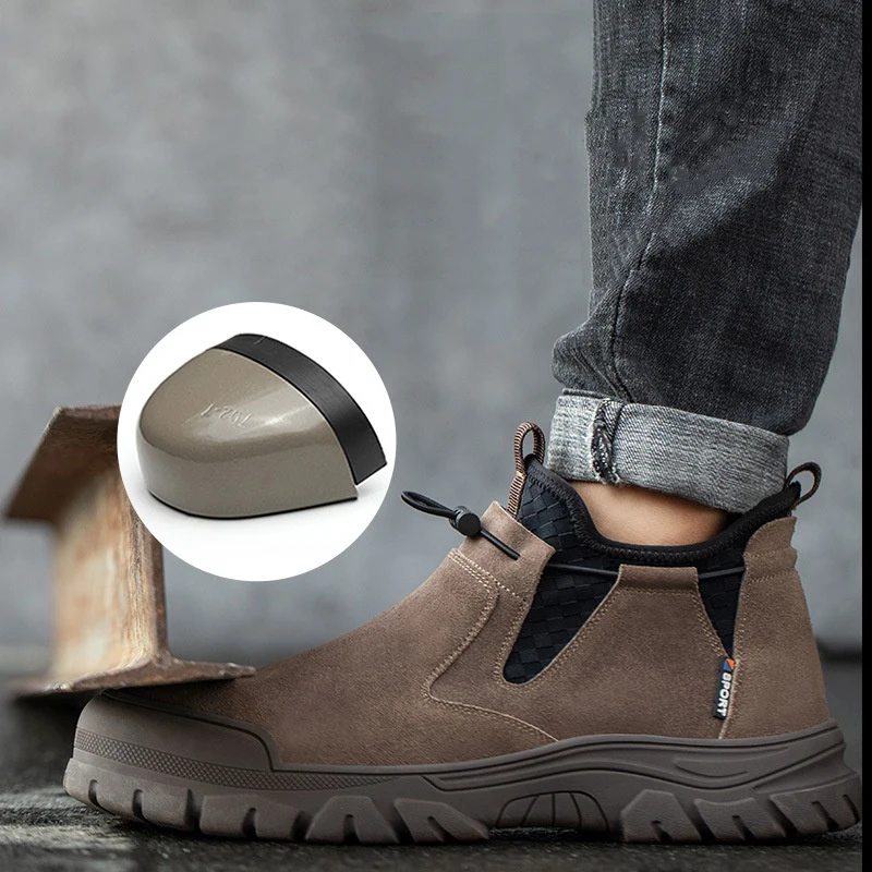 men casual steel toe caps safety boots cow suede leather welding shoes slip-on working sneakers outdoors worker footwear protect