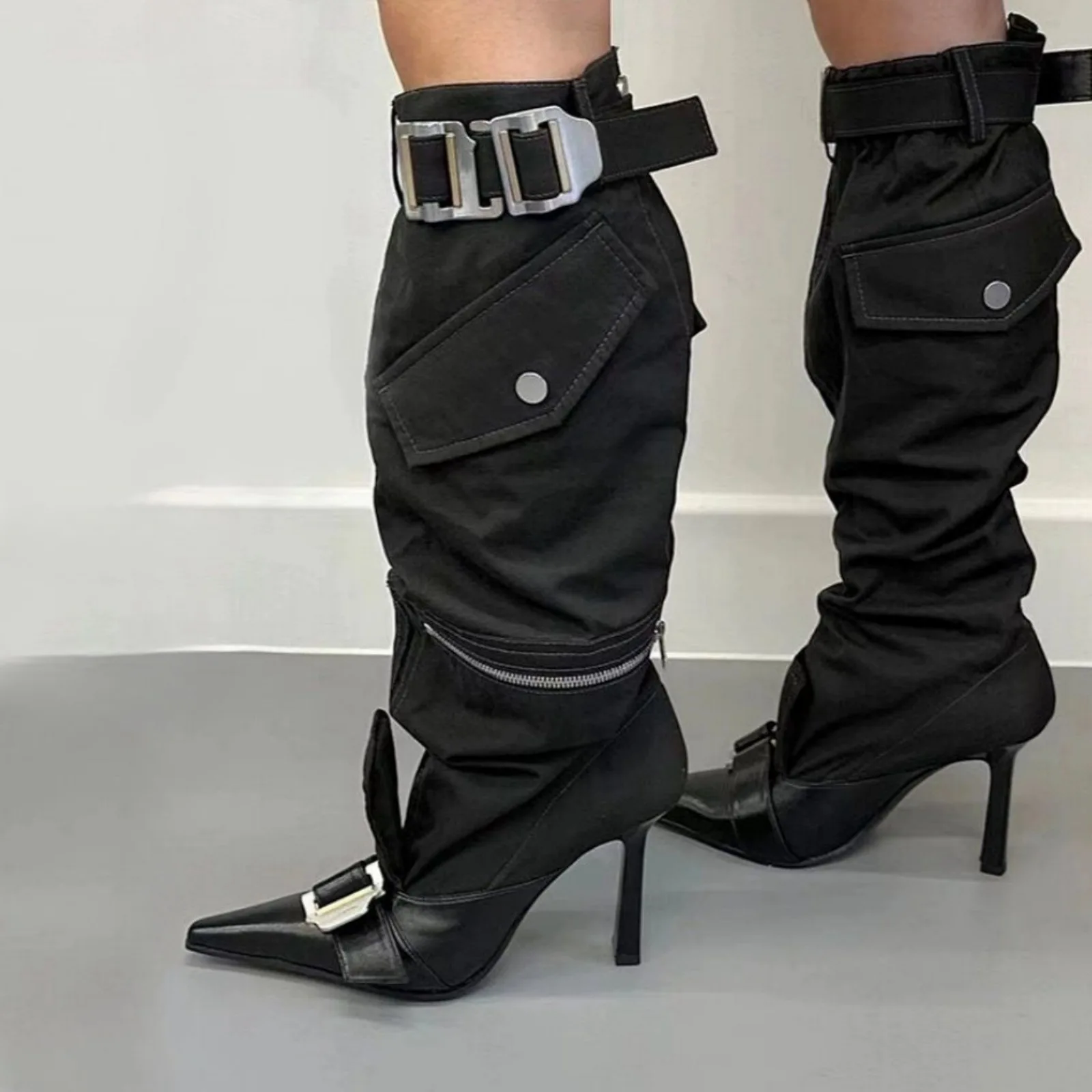 

Big Silvery Buckle Strap Panelled Stiletto Boots Knee High Boots Pointed Toes High Heeled Strap Detail Long Bota