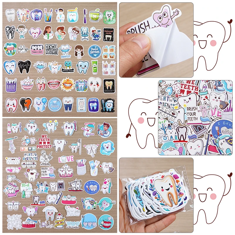 50pcs Tooth Fairy Paper Sticker Cute Cartoon Tooth Shape Stickers Label for Phone Case scrapbook Decor Dentist Gift Reward