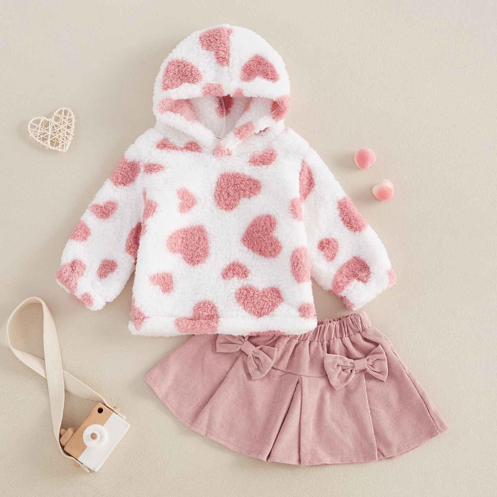 

0-3Years Toddler Baby Girl Fall Winter Outfits Heart Long Sleeve Fleece Hoodies Bow Elastic Waist Mini Skirt 2 Piece Kids Sets