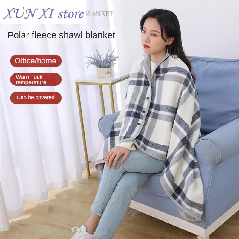 Warm Shawl Blanket Cloak Wearable Flannel Hood Dual Sided Plaid with Button Plush Shawl Thicken Throw Black Cape