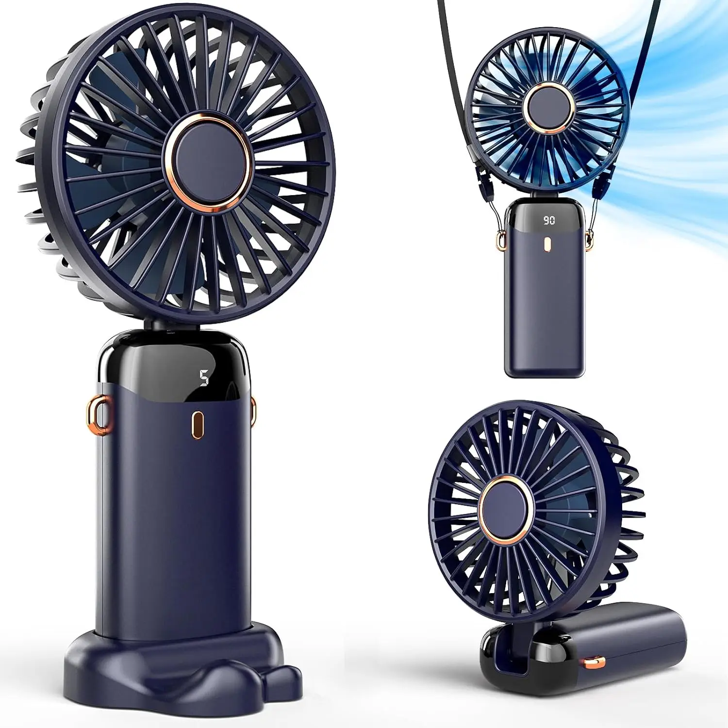 

Portable Handheld Fan with Base, Battery Operated Mini Fan 8H Digital Display 5 Speeds 90° Adjustable Rechargeable for Outdoor