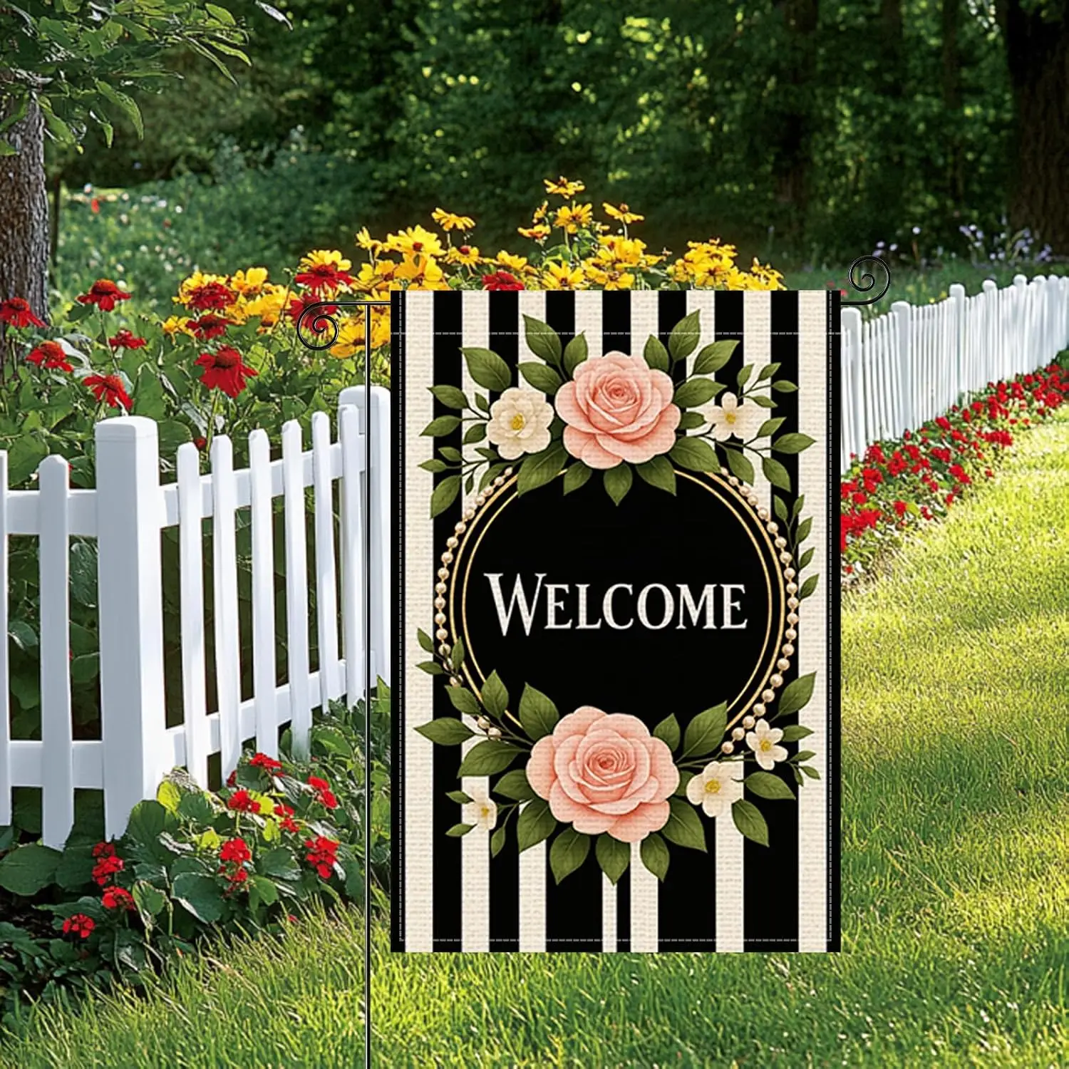 Welcome Rose Wreath Greenery Stripe Spring Flag 12x18