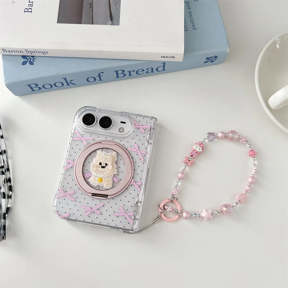 Korea Fashion Ins Dots puppy bowknot 360° Magnetic Phone Case For iPhone Duo Fold Cover Shockproof Cute Fold Cases with Lanyard