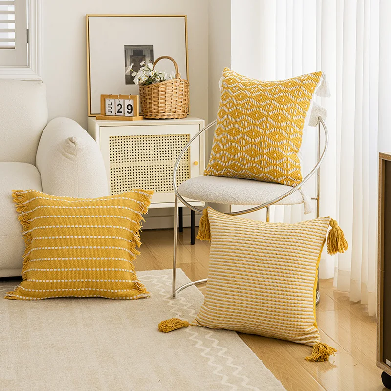 45X45CM Yellow Striped Tassel Throw Pillow Cover Light Luxury Stamping Waist Cushion Cover Decor Home Decorative Pillowcase