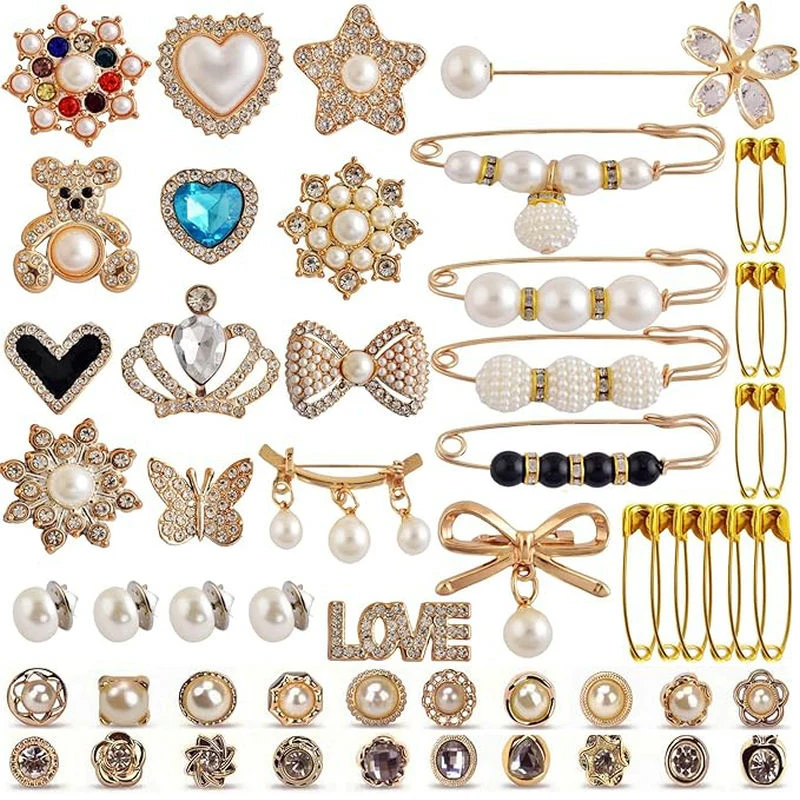 55pcs/set Metal Charms Pins Kit Gold Bling Jewelry Pearl Charms Pins Pearl Rhinestone Pins for Jewelry DIY Brooch Making