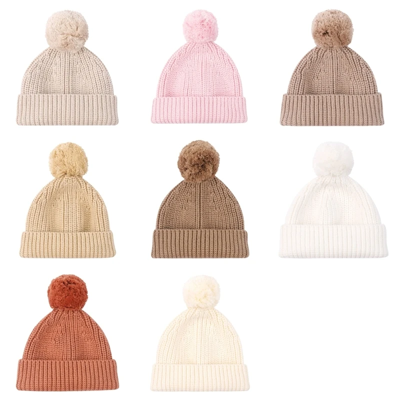 Baby Hat Infant Elastic Crochet Hat with Pompoms Knitted Winter Warm Hat for Newborn Toddler 0-6 Month Cotton Caps 85LE