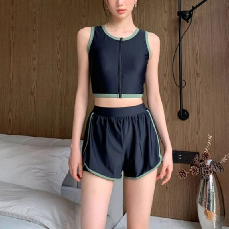 Korean Conservative Split Swimsuit Women Student High Waist Bikini Set Holiday Beachwear Tank Shorts Slimming Black Bathing Suit