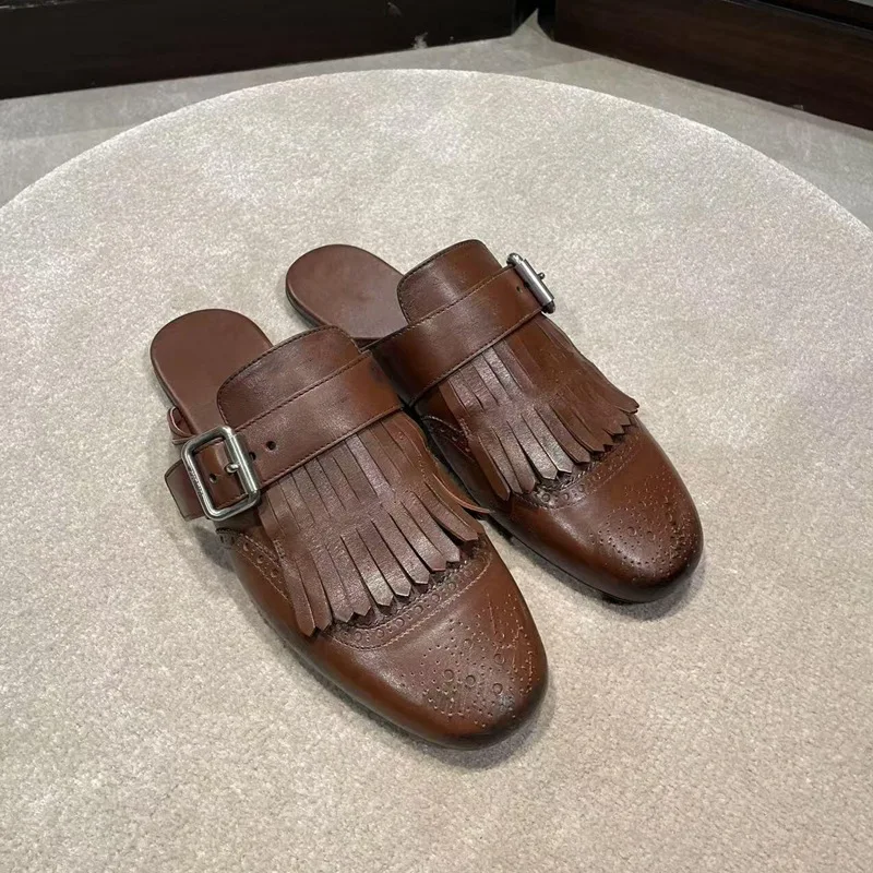 

Retro Women's Shoes Exquisite Block Carving Mueller Slippers for Woman Fashion Britain Casual Shoes Designer Shoes Zapatos Mujer