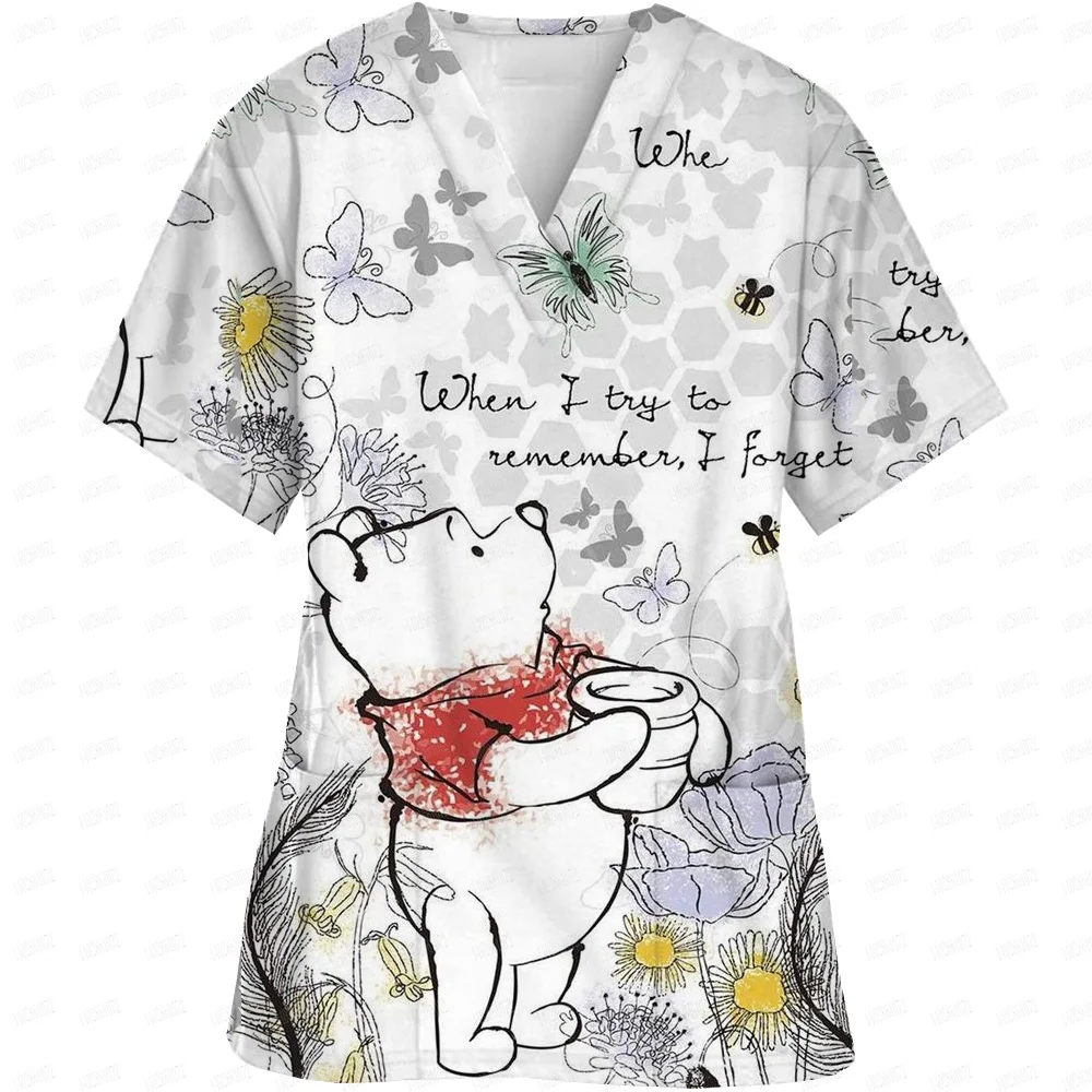 Hospital uniforms Medical Winnie the Pooh Printed nursing V-neck shirts Dental clinic uniforms Medical nurses Short sleeved fros