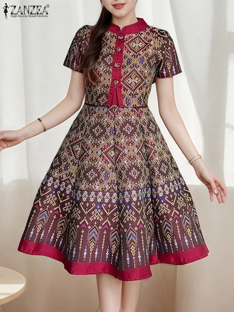 ZANZEA Vintage Geometrische Drucken A-Line Kleid Frauen Gefälschte Zwei-Stück Stehkragen Kurzarm Knie-Länge Roben Urlaub vestidos