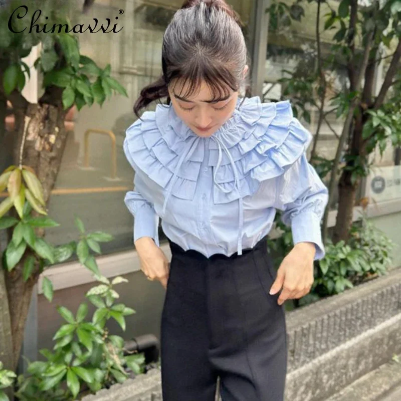 Japanese Style Fashion Detachable Frill Lace-up Collar Long Sleeve Cotton Shirt 2024 Autumn Sweet Girl Elegant Blouse Women Tops