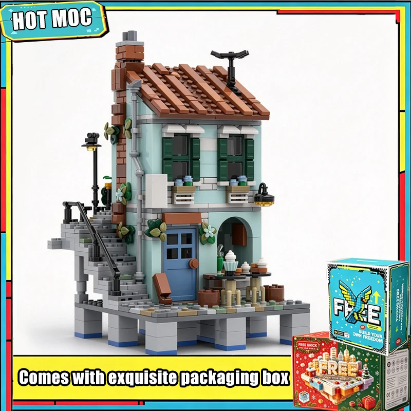 630PCS Seaside Bakery House Extension Modular MOC Model Custom Building Blocks Mediterranean Street View DIY Assembly Toy Gift