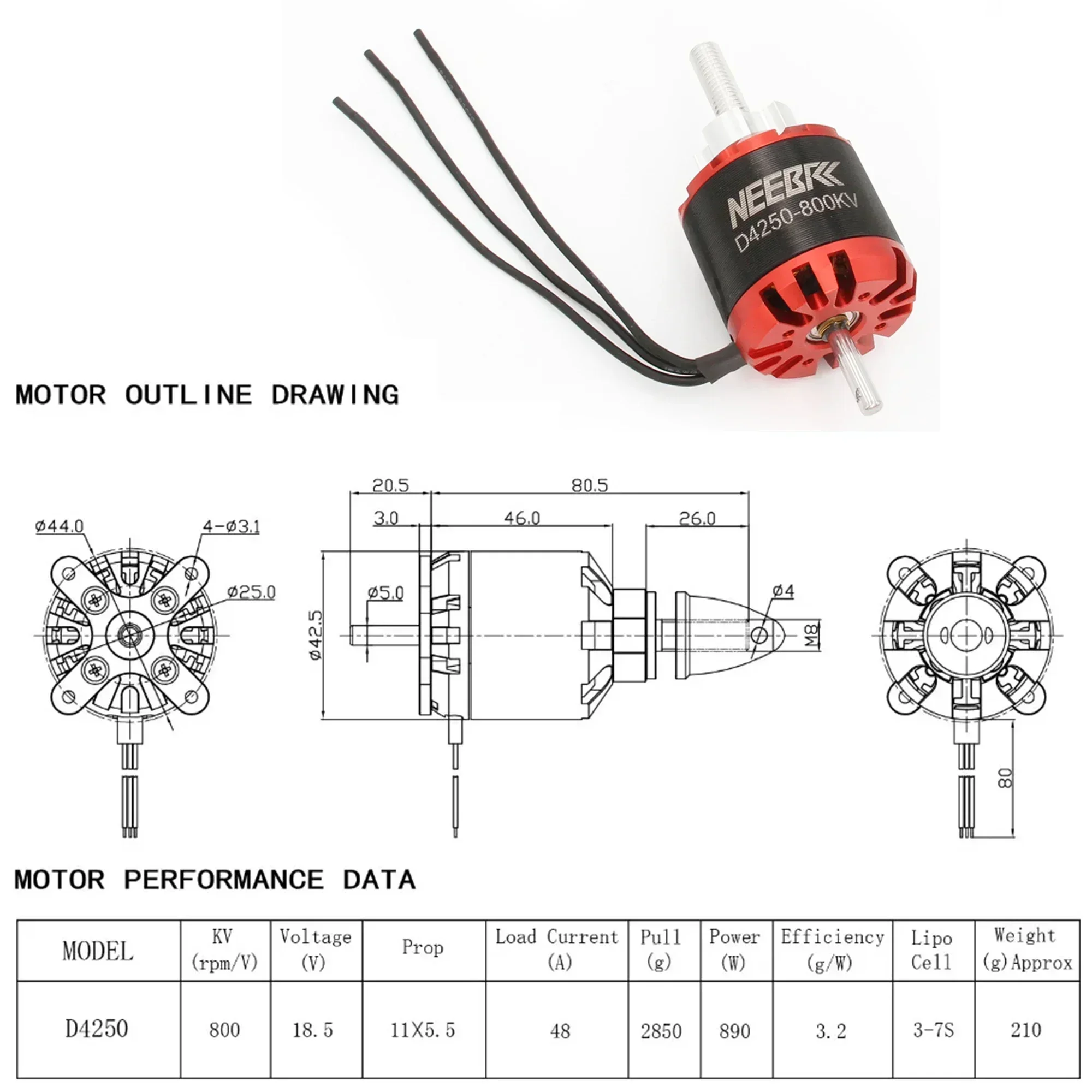 NEEBRC 4250 800KV Outrunner Brushless Motor 3-7S for RC FPV Racing Drone Fixed-wing Multicopter Quadcopter Helicopter Airplane