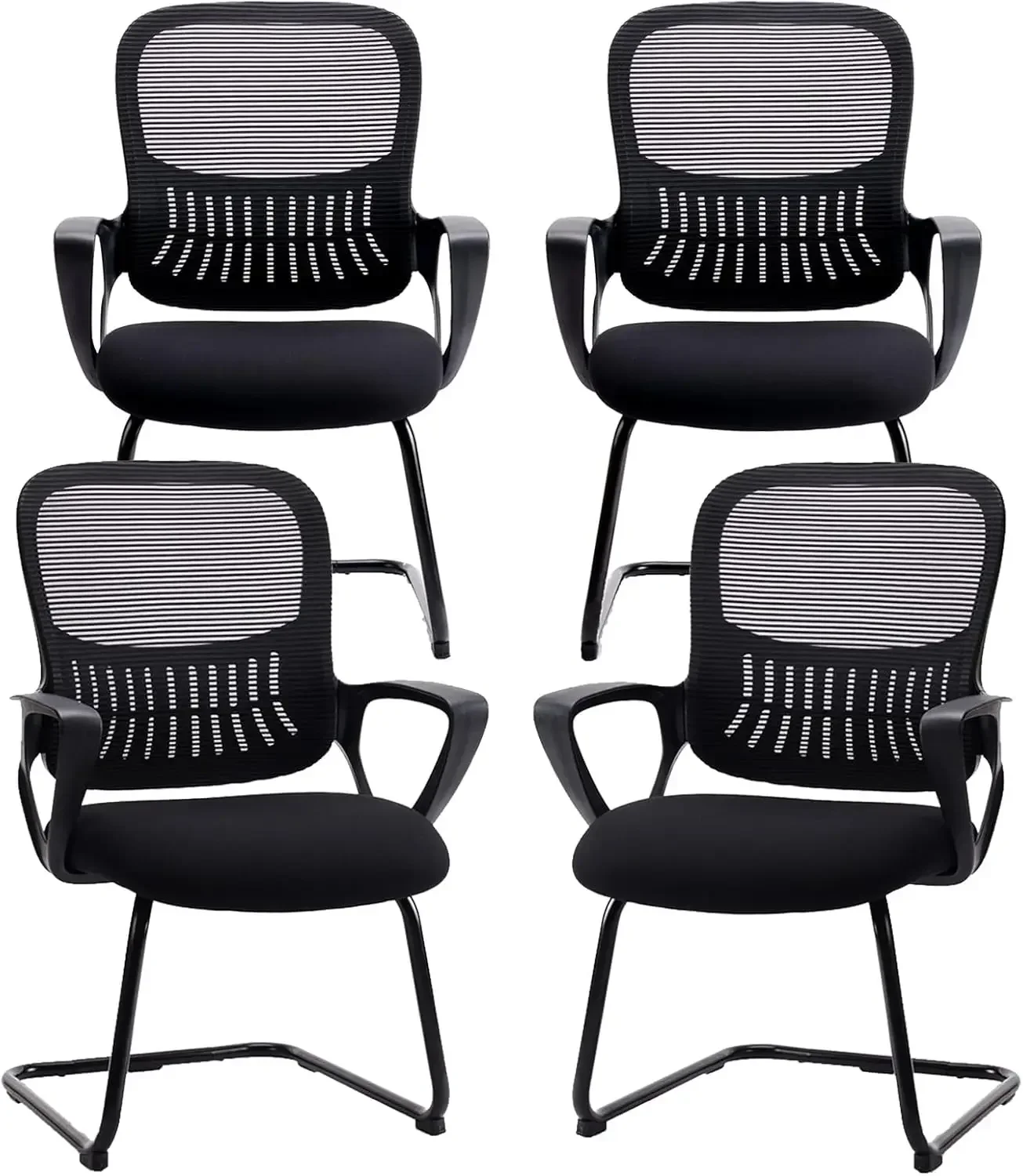 Office Desk Chair No Wheels Set of 4, Ergonomic Executive Sled Base Mesh Computer Chairs with Comfy Arms and Lumbar Support for