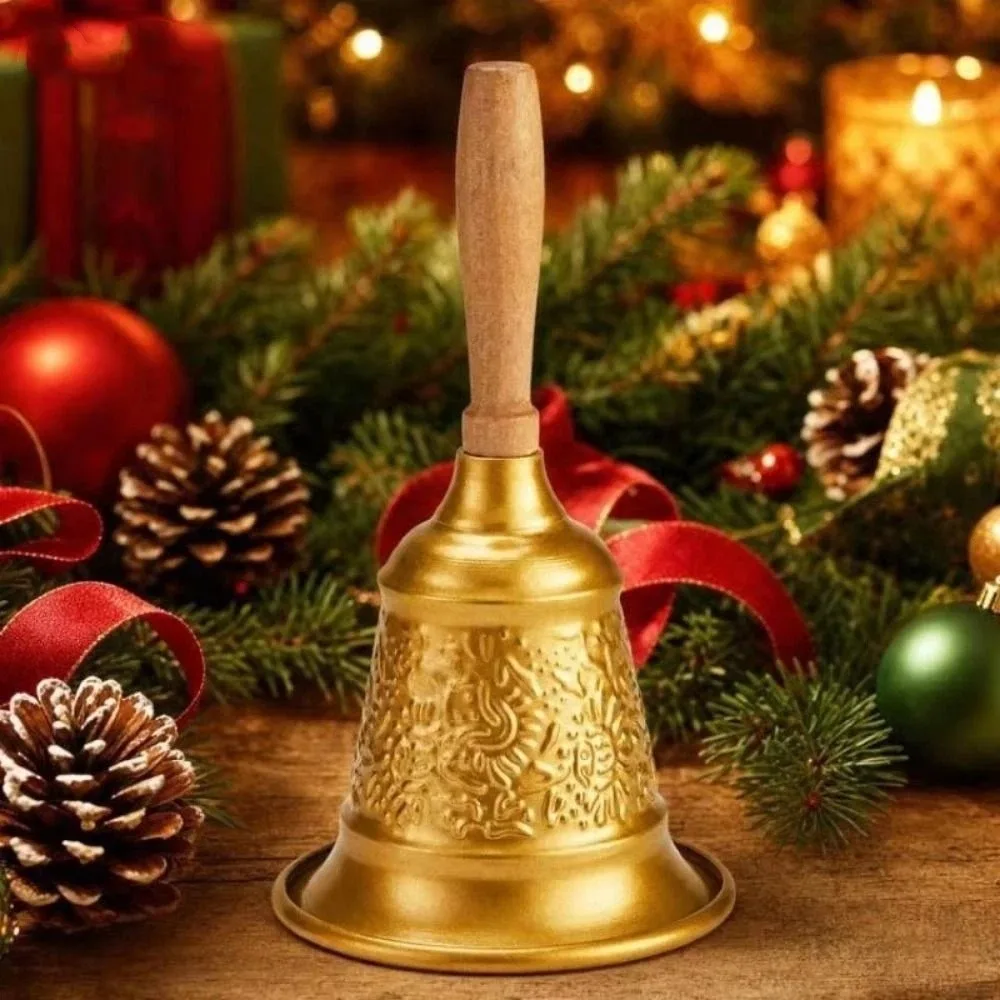 Creative Tabletop Metal Hand Bell Extra Loud Antique Finish Desk Christmas Bell Sturdy Wood Handle Hand Cranked Bell