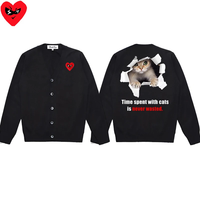 Breaking Paper Pet Cat Printing Men Cardigan Cotton Red Cute Glasses Heart Embroidery V-Neck Single Breasted Autumn Sweater