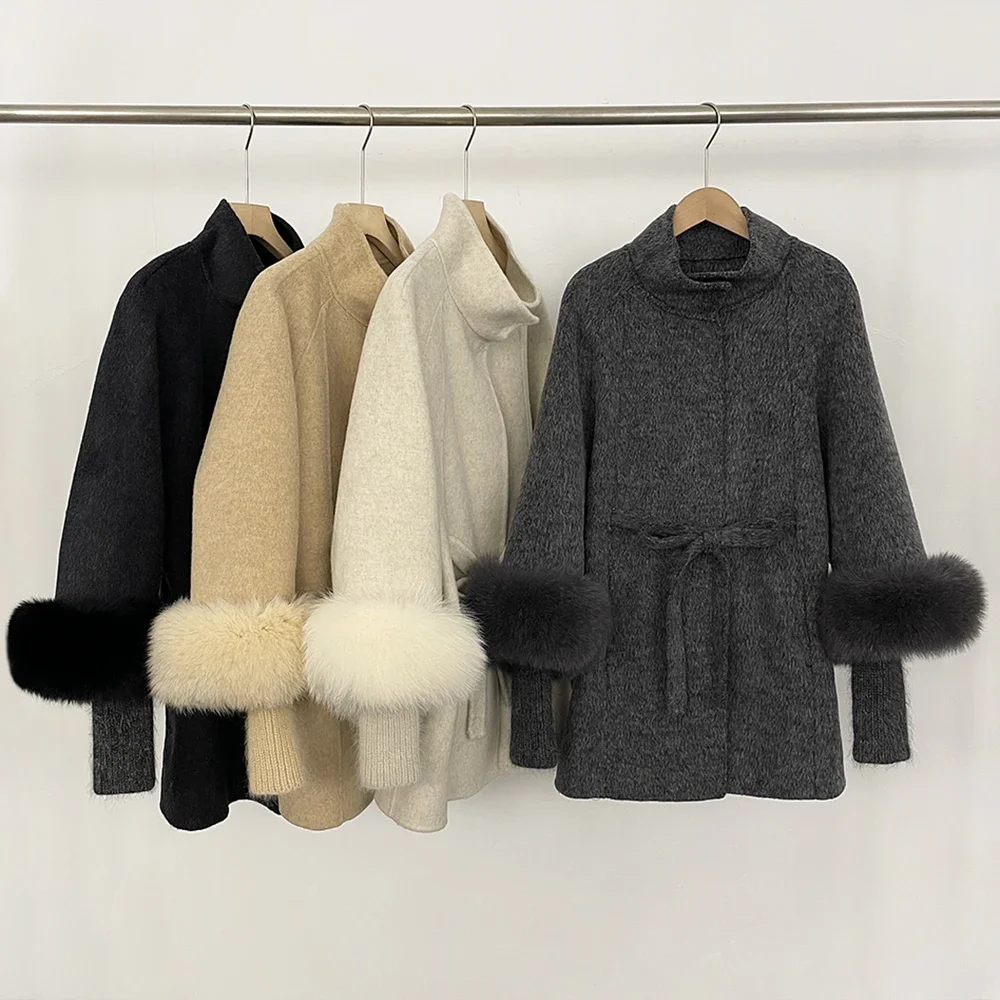 Wollmantel Damenjacke mit Fell Oberbekleidung Winter Echtpelz Wolle und Trenchcoats Fuchspelzmantel Wolle & Mischungen Fuchspelz Echter Mantel