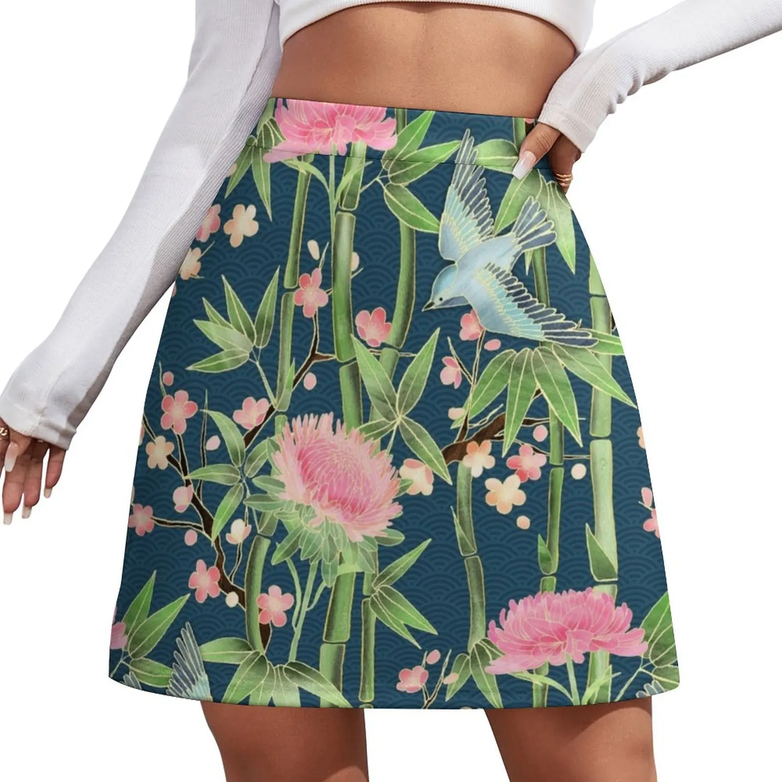 

Bamboo, Birds and Blossom - dark teal Mini Skirt Woman skirt Female dress skirt