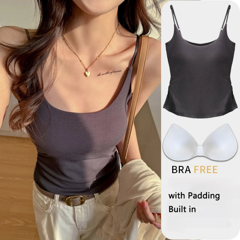 

Women's Camisole with Built-in Padding Spaghetti Strap Solid Color Folds Tank Casual Slim Basic Layer Tops Female Outwear C5999