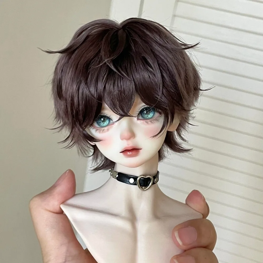 BJD Doll Wig 3/4/6 Points Male Short Hair Dark Brown Short Wolf Tail High-temperature Silk Basal Germ Can Styling Cover