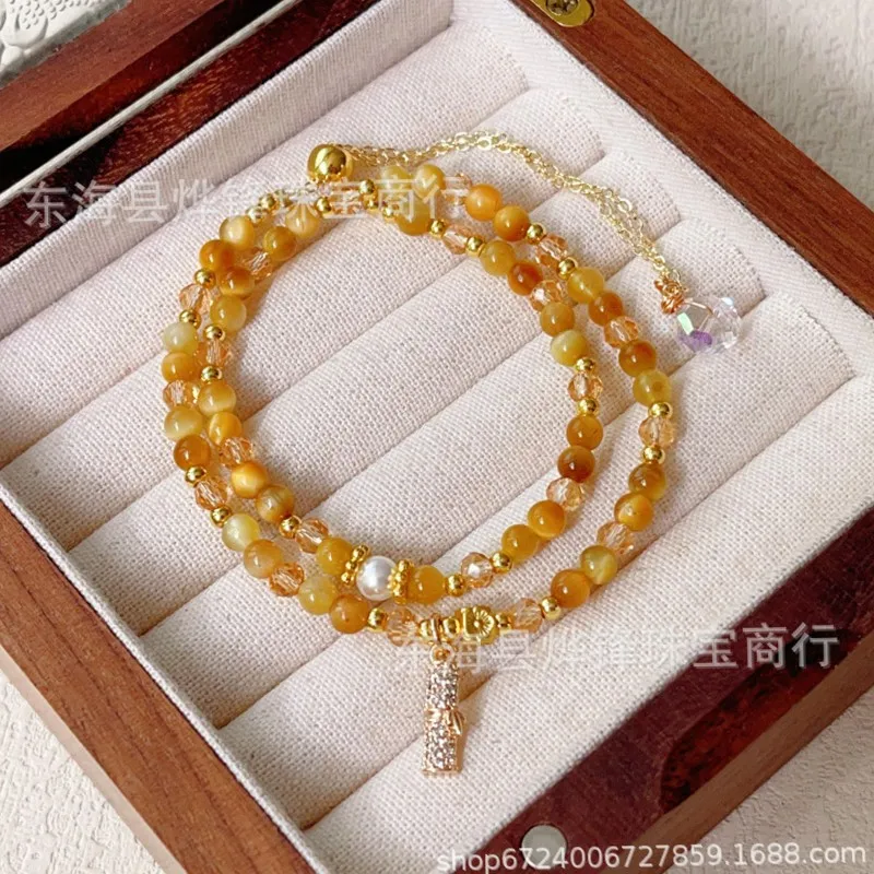 6mm Chinese Style Natural Gold Tiger Eye Stone Double Ring Double Layer Bracelet Hand String Adjustable Tail Chain Women's Lucky