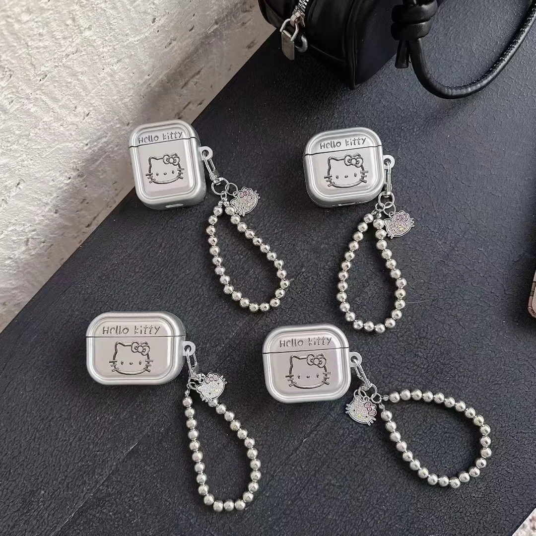 لطيف تصفيح الفضة طباعة مرحبا كيتي ل Airpods 4 Pro 2 1 2 3 4 سماعة لاسلكية تعمل بالبلوتوث سماعة الغطاء الواقي مع المفاتيح