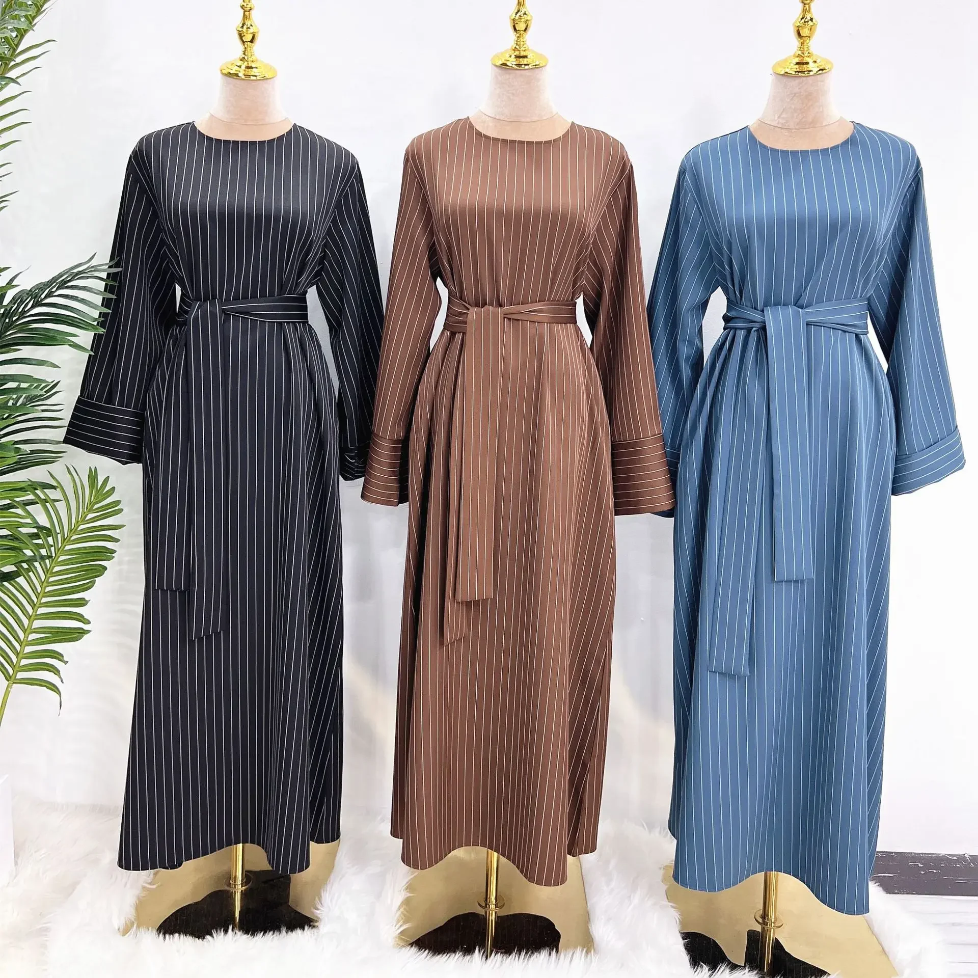 Women Muslim Ramadan Striped Print Maxi Dress 2023 New Long Sleeve Abaya Turkey Hijab Robe Islamic Kaftan Lace up Casual Dress