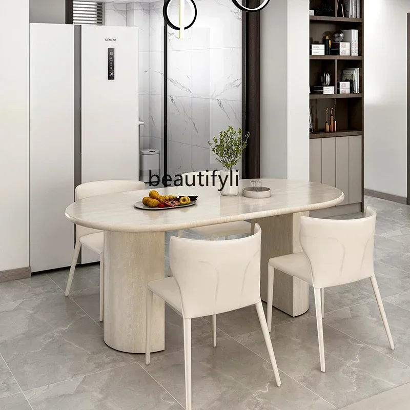 183F Travertine dining table natural marble household French oval modern simple, small apartment retro restaurant
