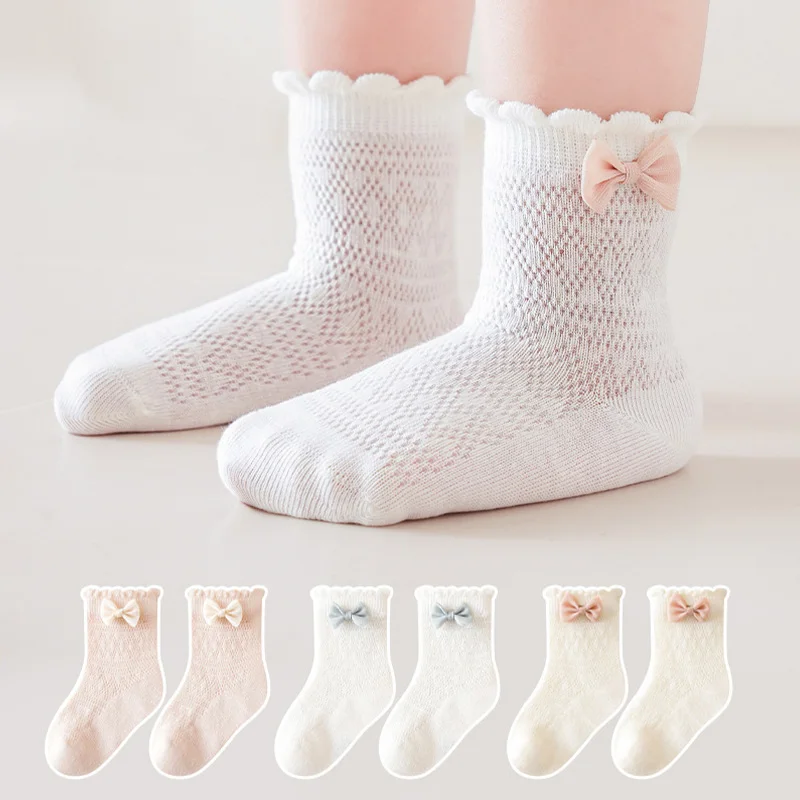 

3Pairs Summer Bow Baby Mesh Socks Hollow Breathable Children Mid Tube Sock Soft Cotton Footwear Bowknot Princess Girl Socks 1-5Y