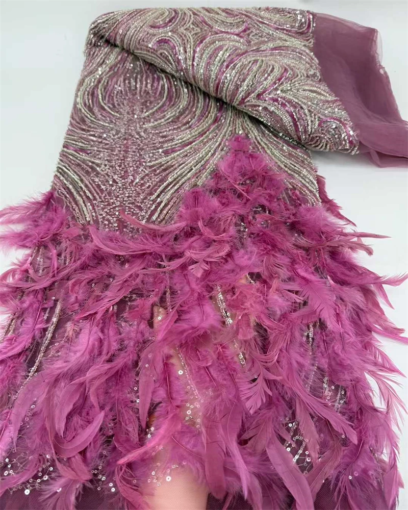 

Newest African 3D Feather Mesh Lace Fabric French Nigerian Handmade Beaded Sequin Lace Fabric for Ladies Party Dress Sewing