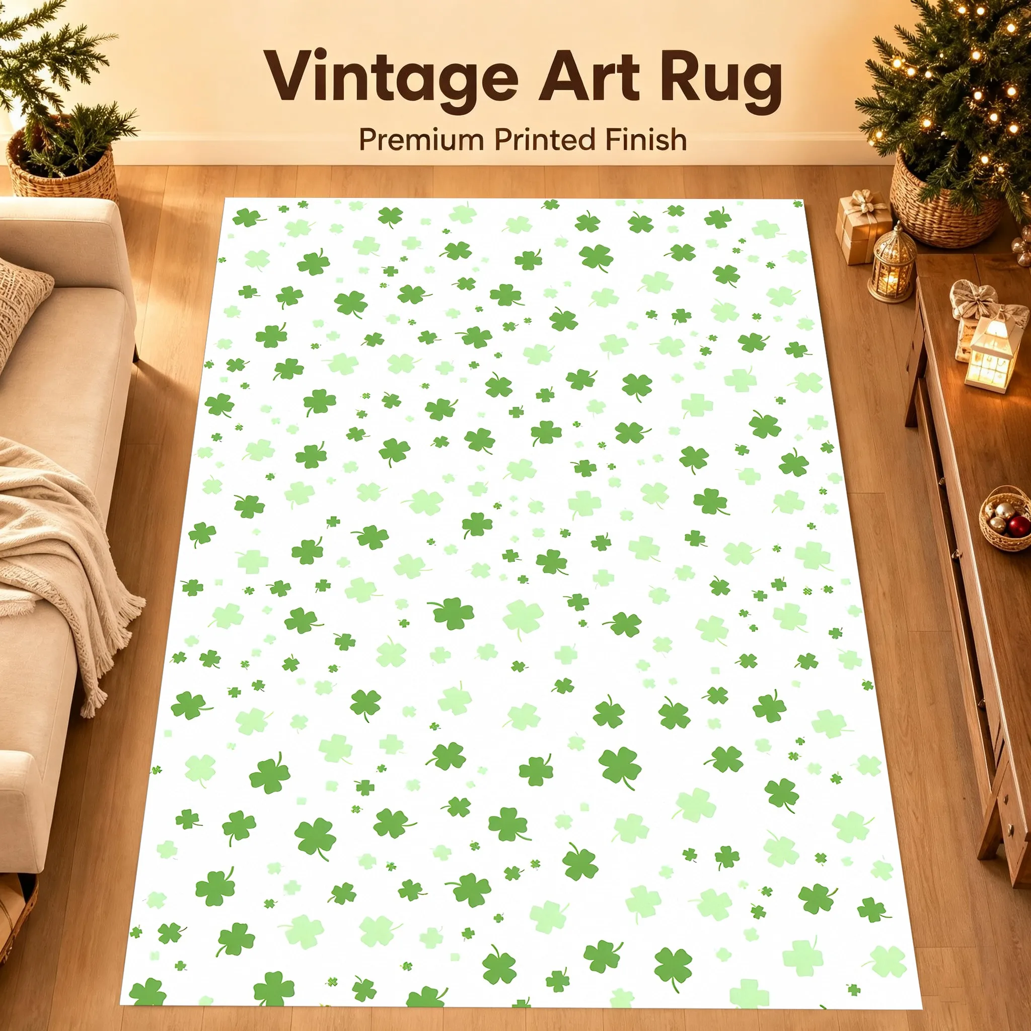Fresh Green Four-Leaf Clover Print Rug Soft Velvet Area Carpet Living Room Bedroom Home Decor