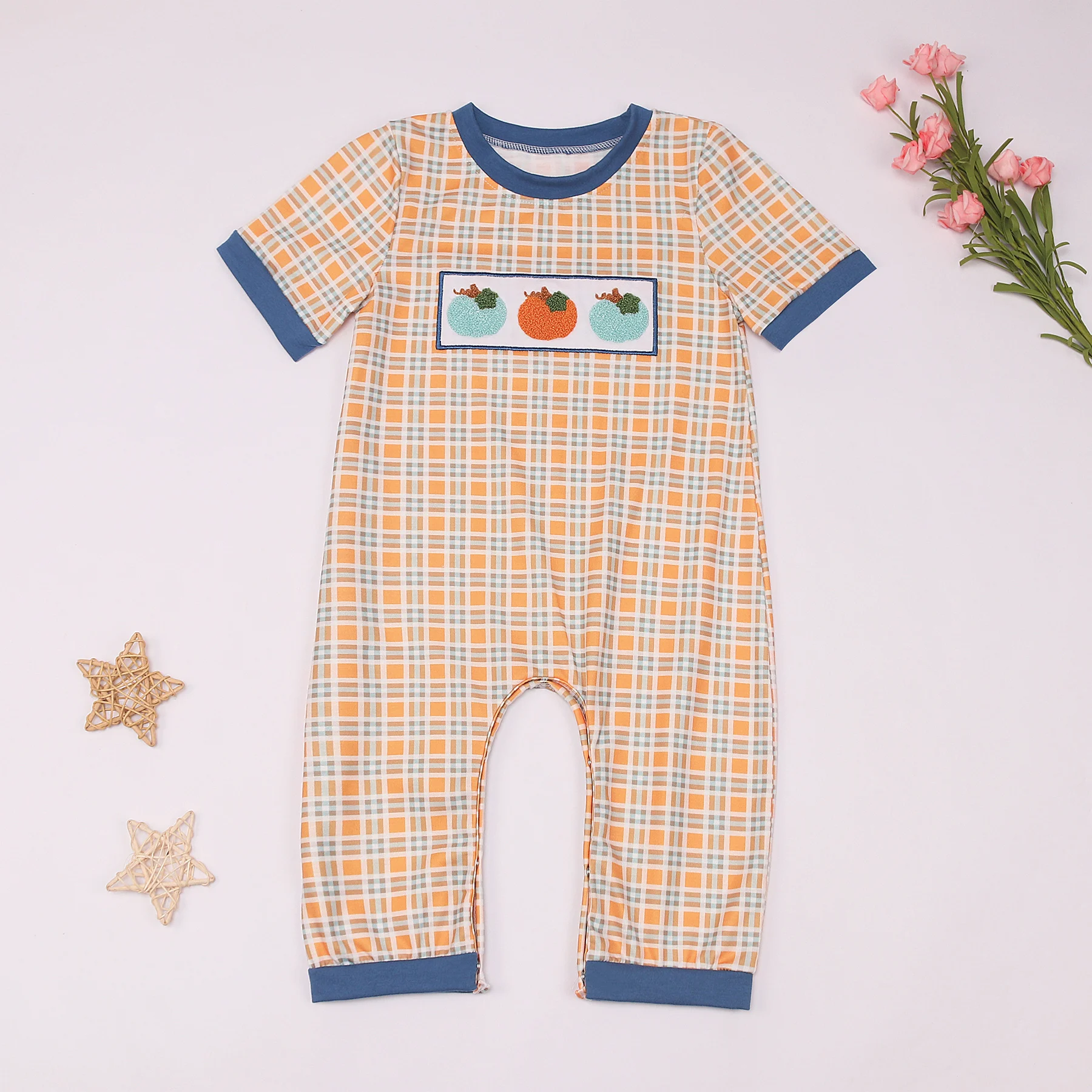 Exquisite Summer Sleeveless Round Neck Pumpkin French Knot Girl Sets And Romper Boy Blue Top Set Orange Lattice Clothes Pants