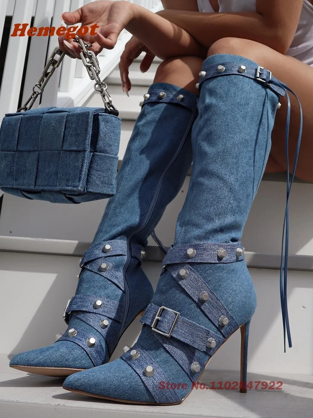 

Длинные сапоги с острыми заклепками, сапоги до колена на шпильке с перекрестной пряжкой и кисточками, однотонные, большой размер 46, новейшая зимняя обувь класса люкс