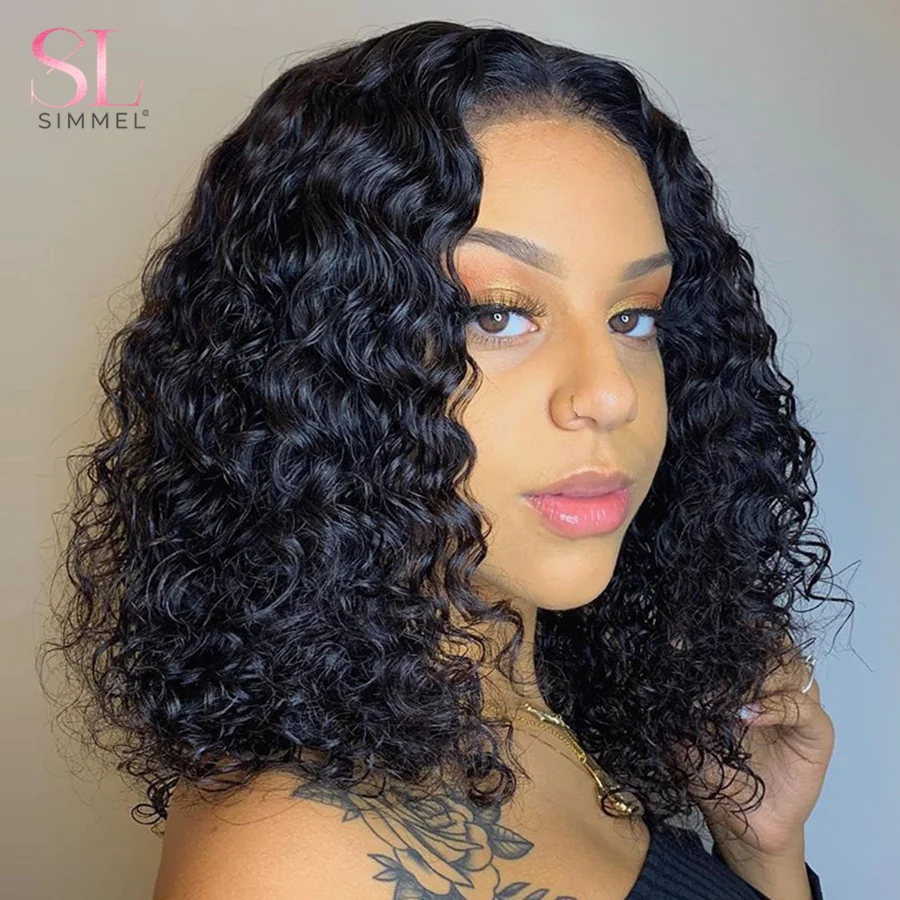 Water Curly Human Hair Bob Wig Water Lace Front Human Hair Wigs For Women Pre Plucked Peruvian Glueless T Part Lace Wig 180%