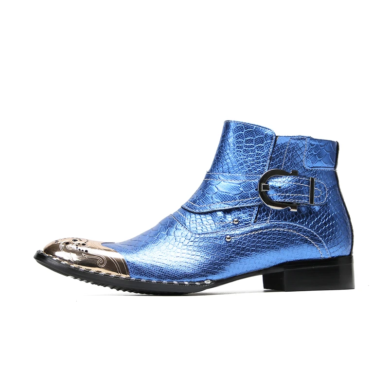 Coogerlove Punk-Stil Männer blau Echt leder Stiefel Metall quadratische Zehen Schnalle Niet Motorrad Stiefel Winter männliche Party Stiefel – Detail 5