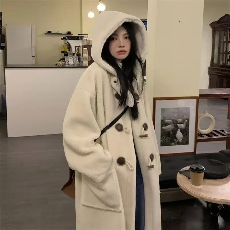 Winter Fluffy Jacket Women Vintage Casual Lamb Wool Long Coat Female Korean Fashion Long Sleeve Horn Button Hooded Plush Outwear